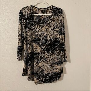 JM Collection Top XXL Beige Black Abstract Art Print 3/4 Sleeve Stretch Blouse